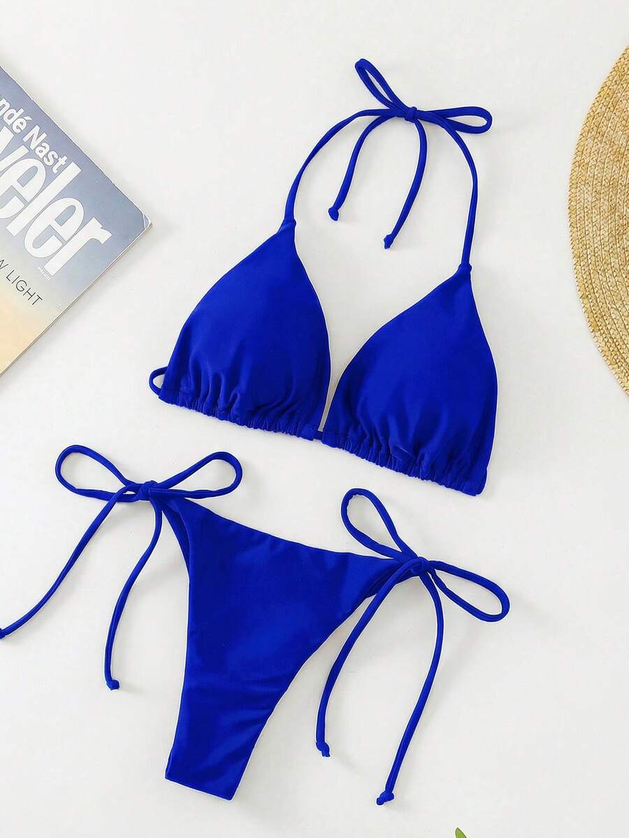 Apricot plain halter triangle bikini swimwear set with tie back top and low waist tie side thong bottom for women
