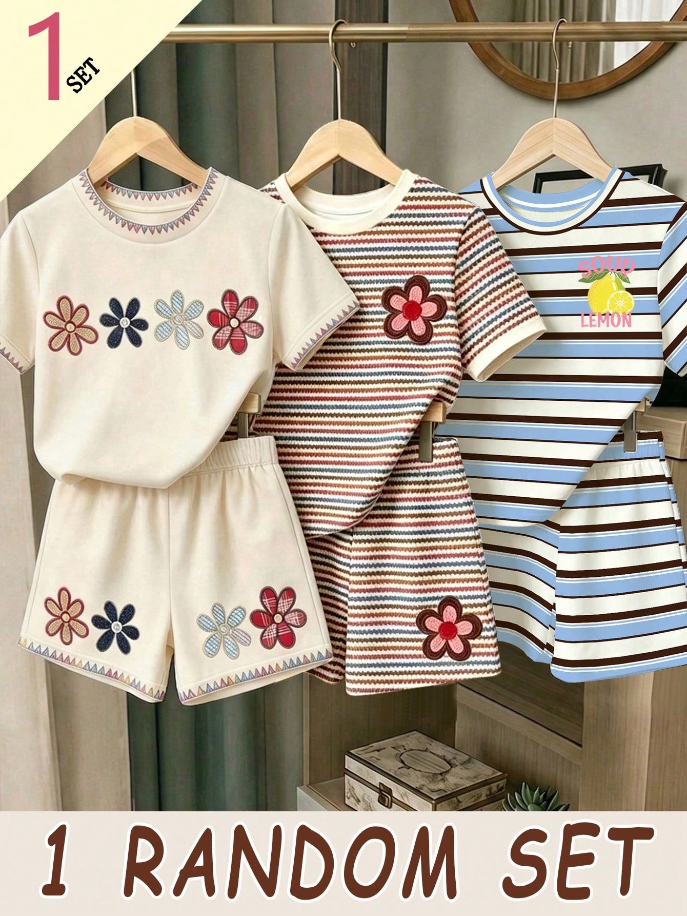 Girls' multicolor short sleeve T-shirt and shorts set featuring a cute cherry and bow print with round neck top and matching shorts.