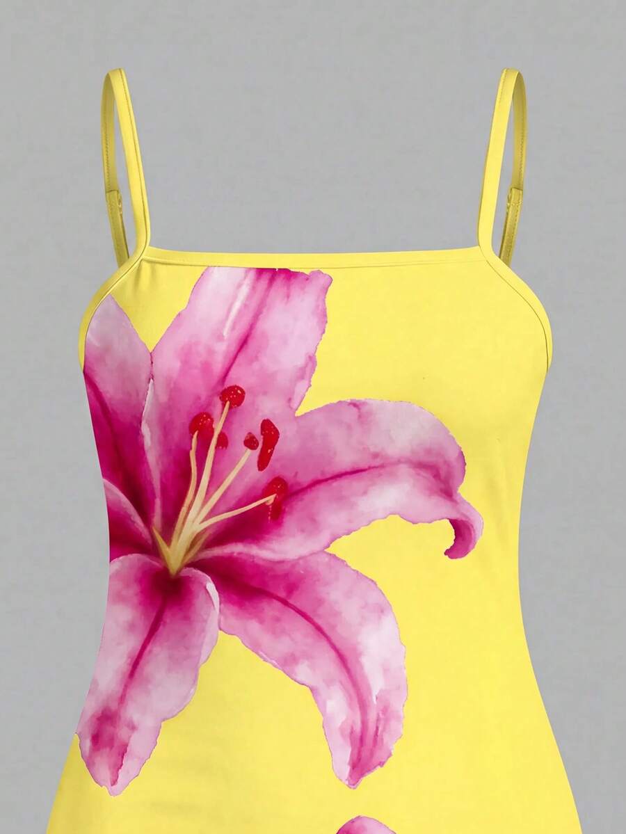 Tween girls multicolor floral midi cami dress with spaghetti straps, sleeveless design, loose fit, and vacation-inspired plant print.
