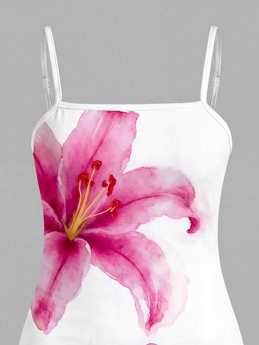 Tween girls multicolor floral midi cami dress with spaghetti straps, sleeveless design, loose fit, and vacation-inspired plant print.