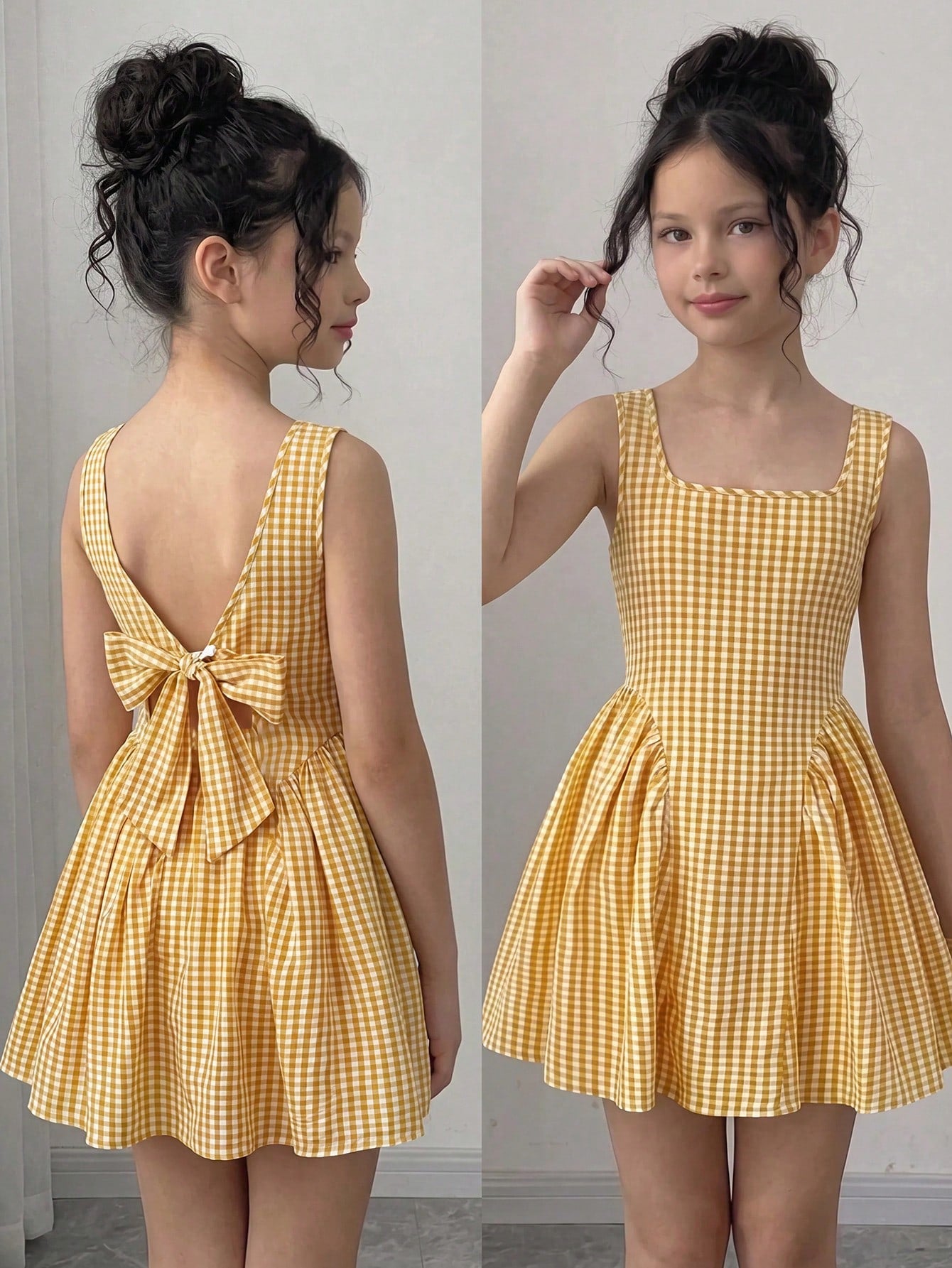 Black and white polka dot sleeveless A-line dress for tween girls featuring a scoop neck, high waist, and flared hem.