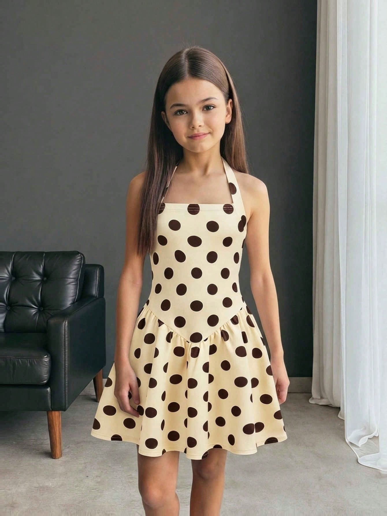 Tween girl wearing a black and white polka dot tiered cami dress with shoulder straps, a high waist, and a ruffle layered hem.