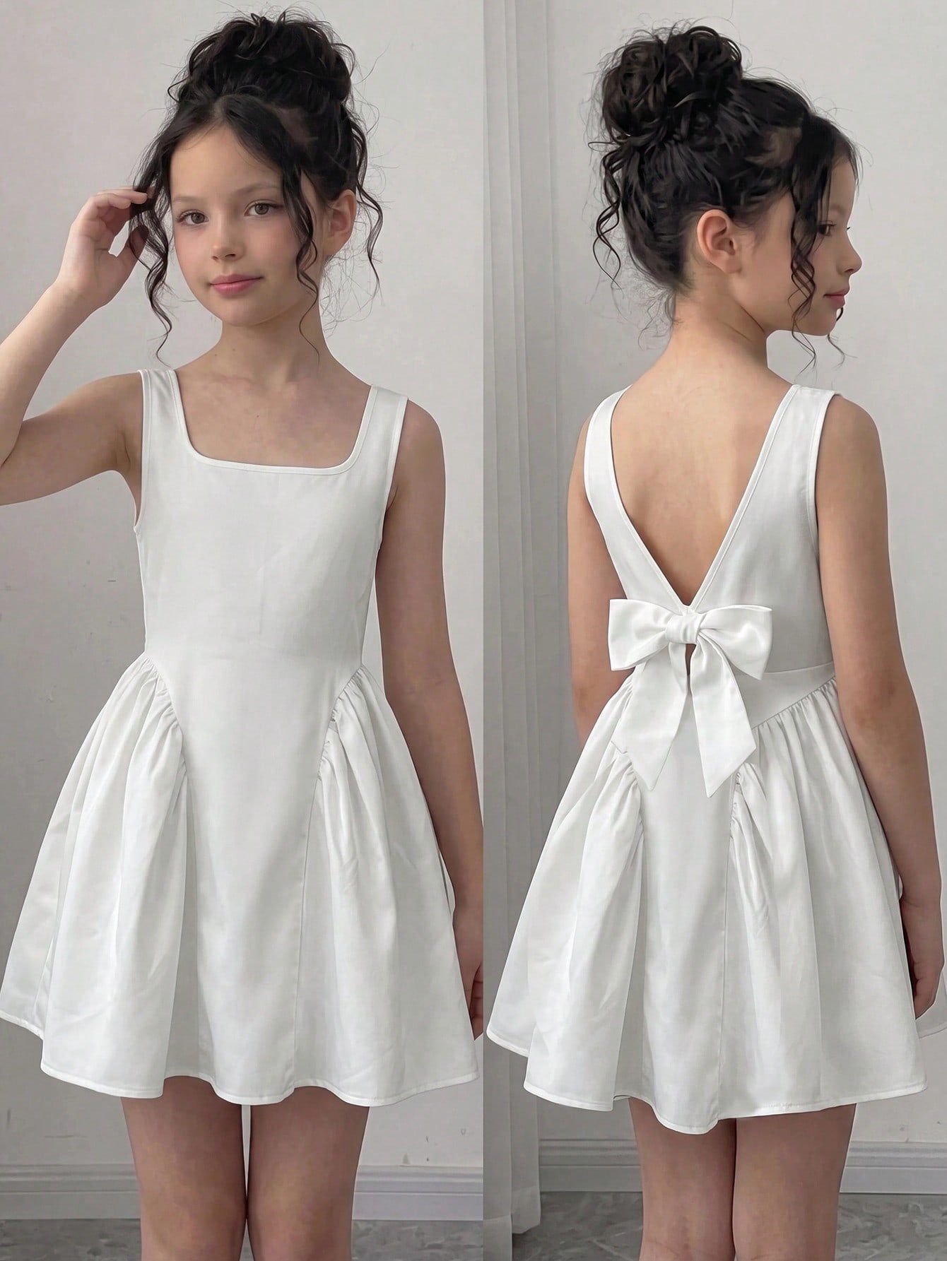 Black and white polka dot sleeveless A-line dress for tween girls featuring a scoop neck, high waist, and flared hem.