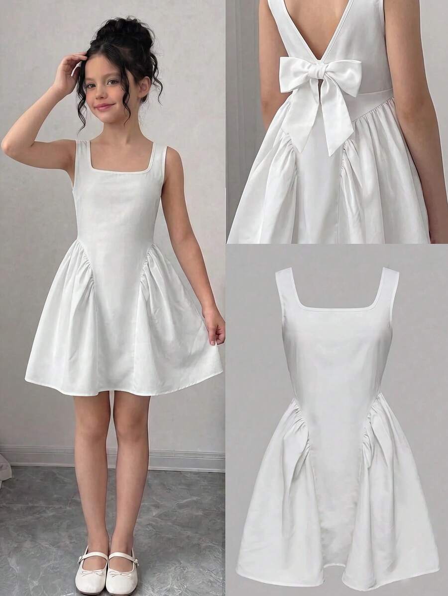 Black and white polka dot sleeveless A-line dress for tween girls featuring a scoop neck, high waist, and flared hem.