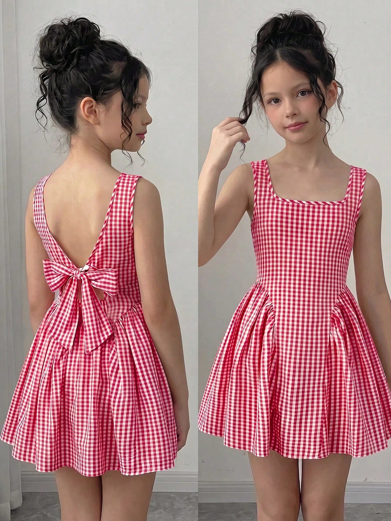 Black and white polka dot sleeveless A-line dress for tween girls featuring a scoop neck, high waist, and flared hem.