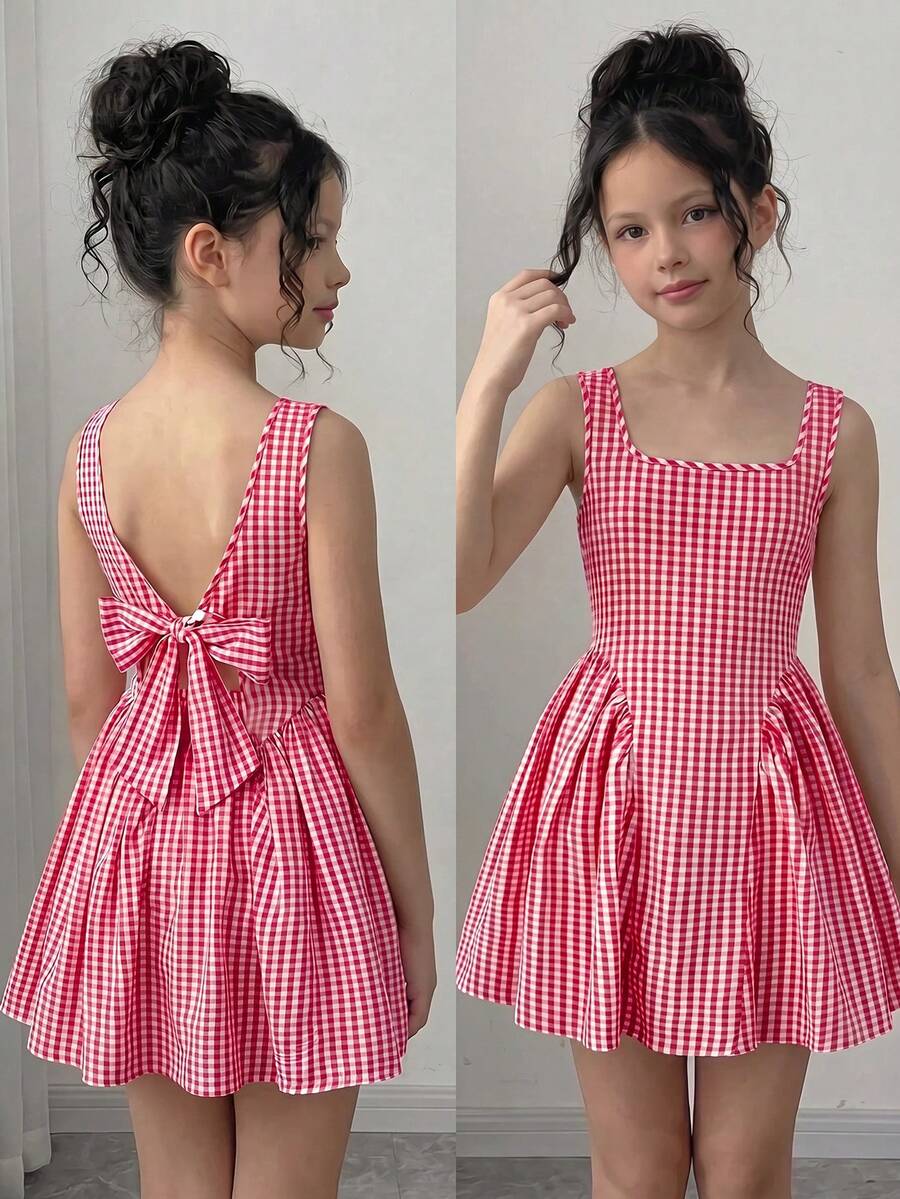 Black and white polka dot sleeveless A-line dress for tween girls featuring a scoop neck, high waist, and flared hem.