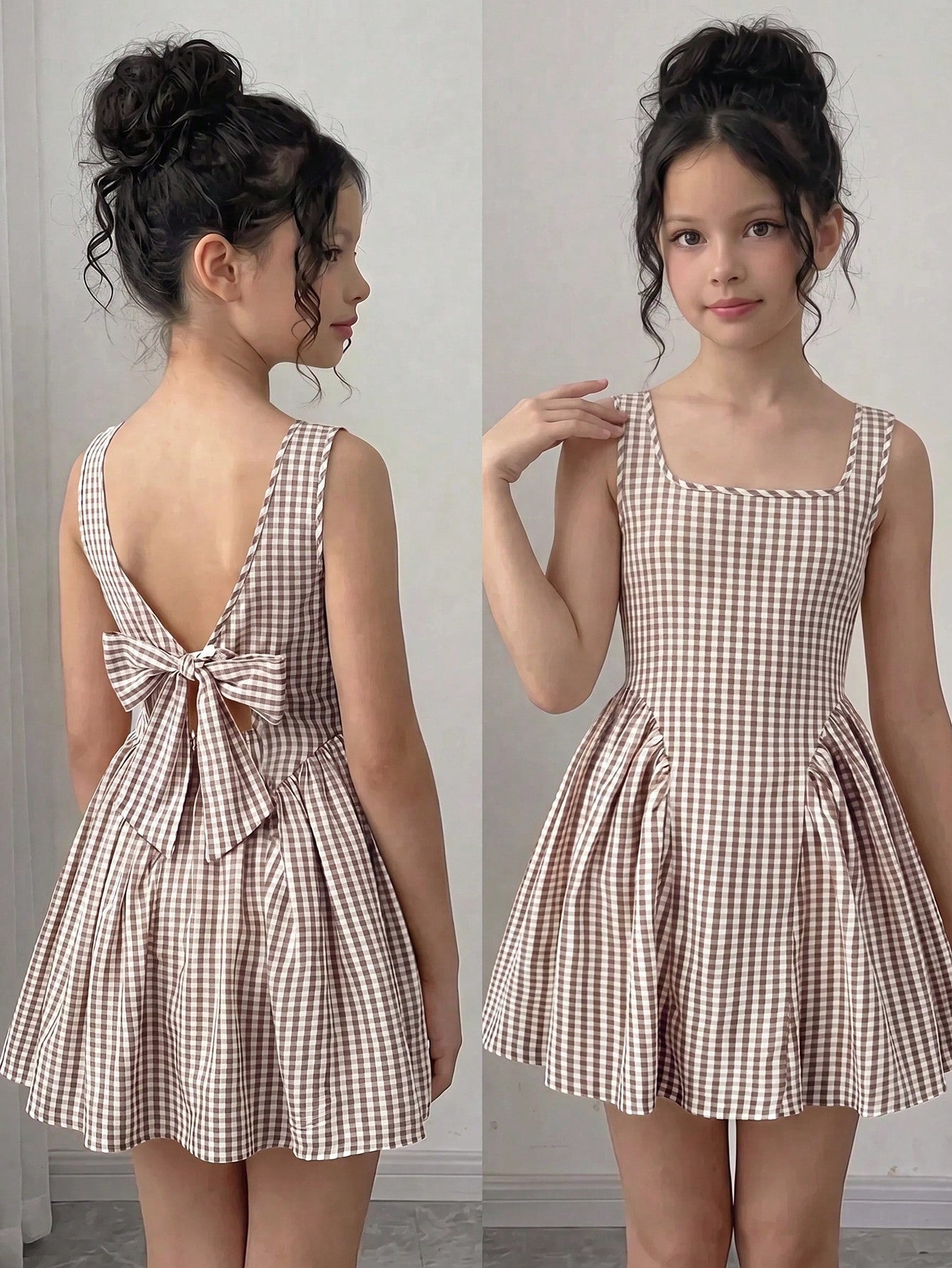 Black and white polka dot sleeveless A-line dress for tween girls featuring a scoop neck, high waist, and flared hem.