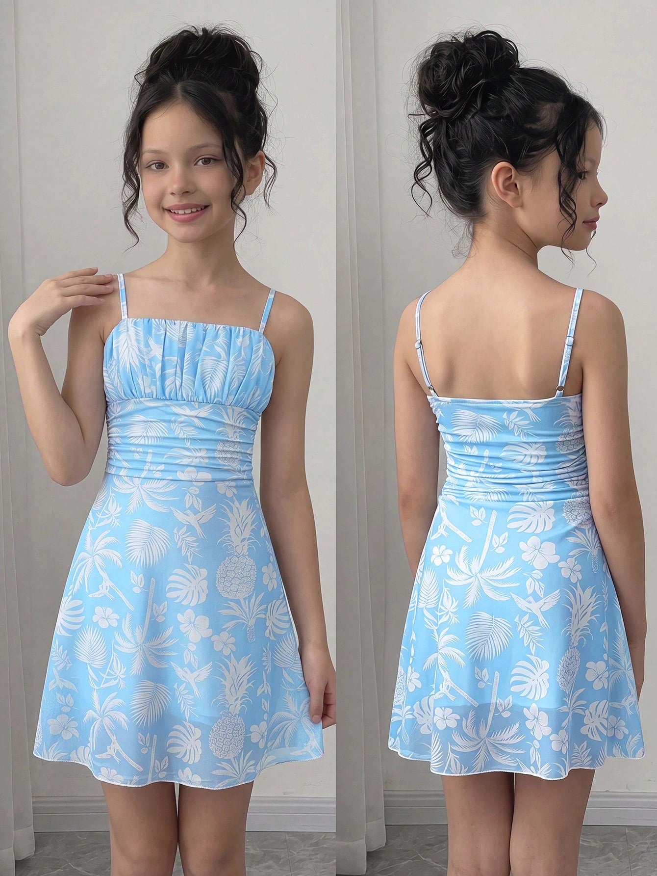 Yellow sleeveless tween girls cami dress with spaghetti straps, ruched bust, shirred details, high waist, and flared short A-line hem for vacation wear.