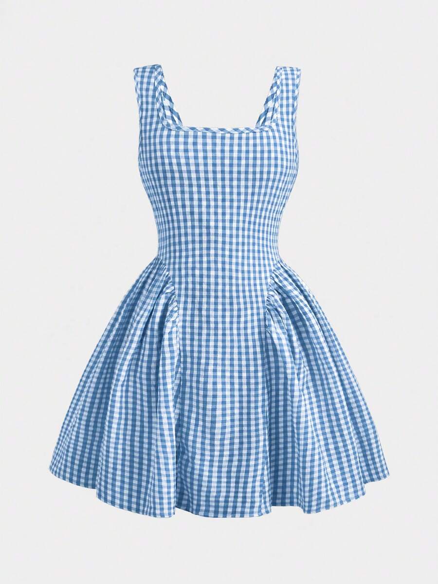 Black and white polka dot sleeveless A-line dress for tween girls featuring a scoop neck, high waist, and flared hem.