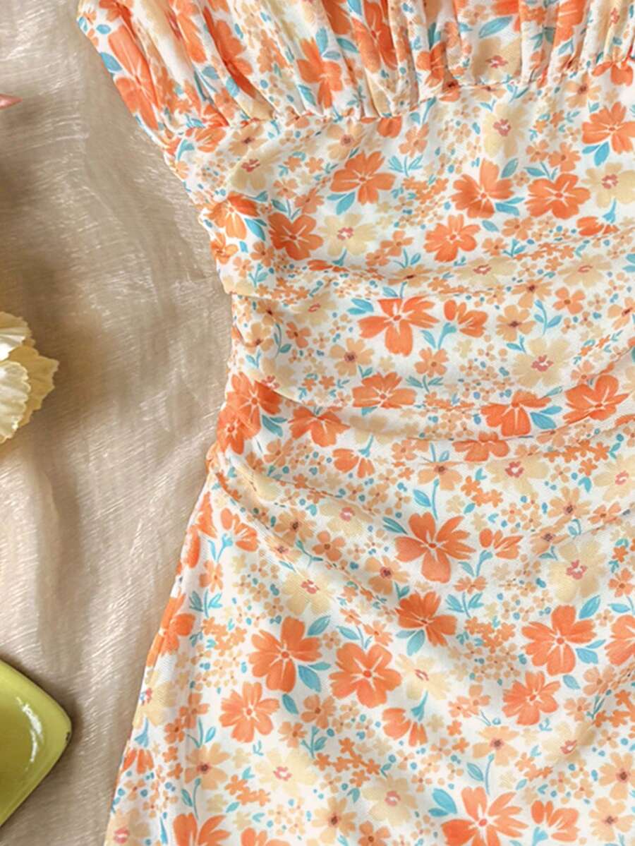 Yellow sleeveless tween girls cami dress with spaghetti straps, ruched bust, shirred details, high waist, and flared short A-line hem for vacation wear.