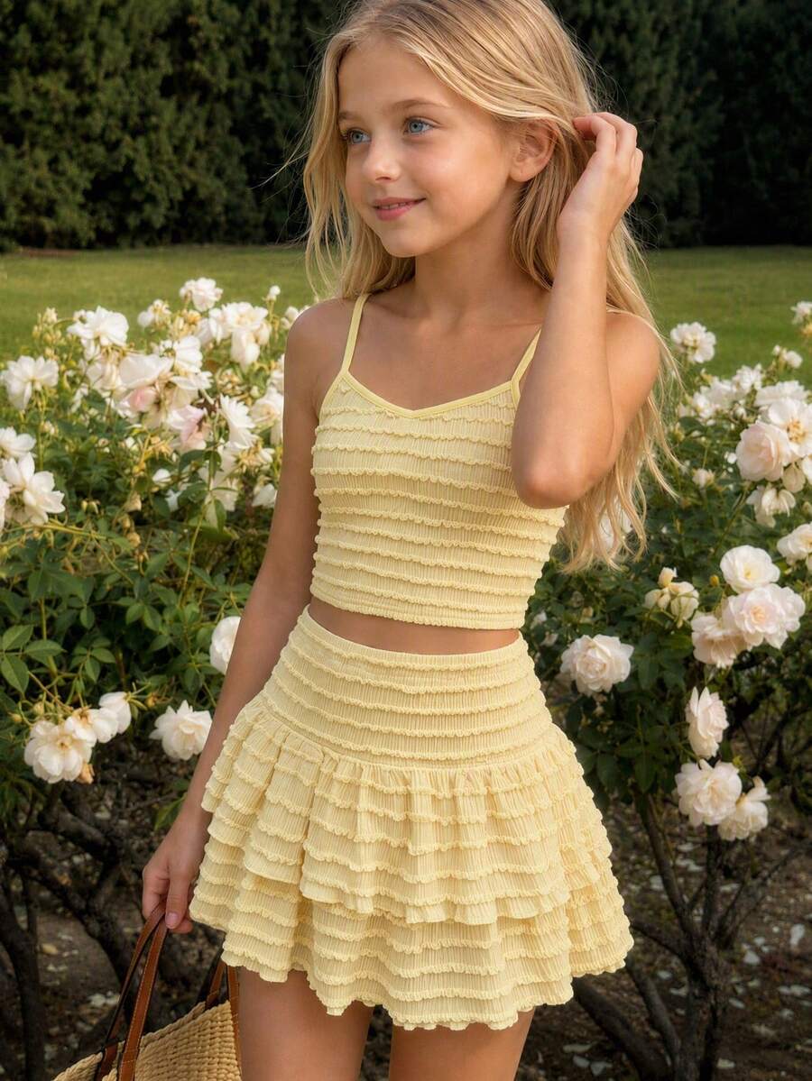 Tween girls solid color two-piece vacation outfit featuring a spaghetti strap camisole short top and a tiered skirt in soft knitted fabric.
