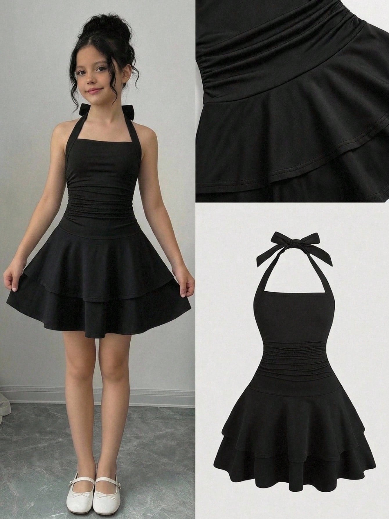 Black sleeveless halter polka dot mini dress for tween girls featuring a high waist and flared hem