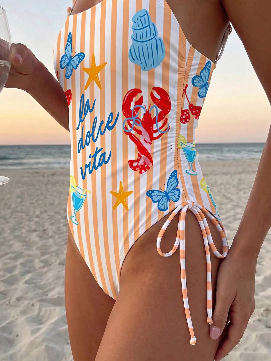Women's blue backless one-piece swimsuit featuring spaghetti straps, wireless bra with removable padding, and drawstring details.