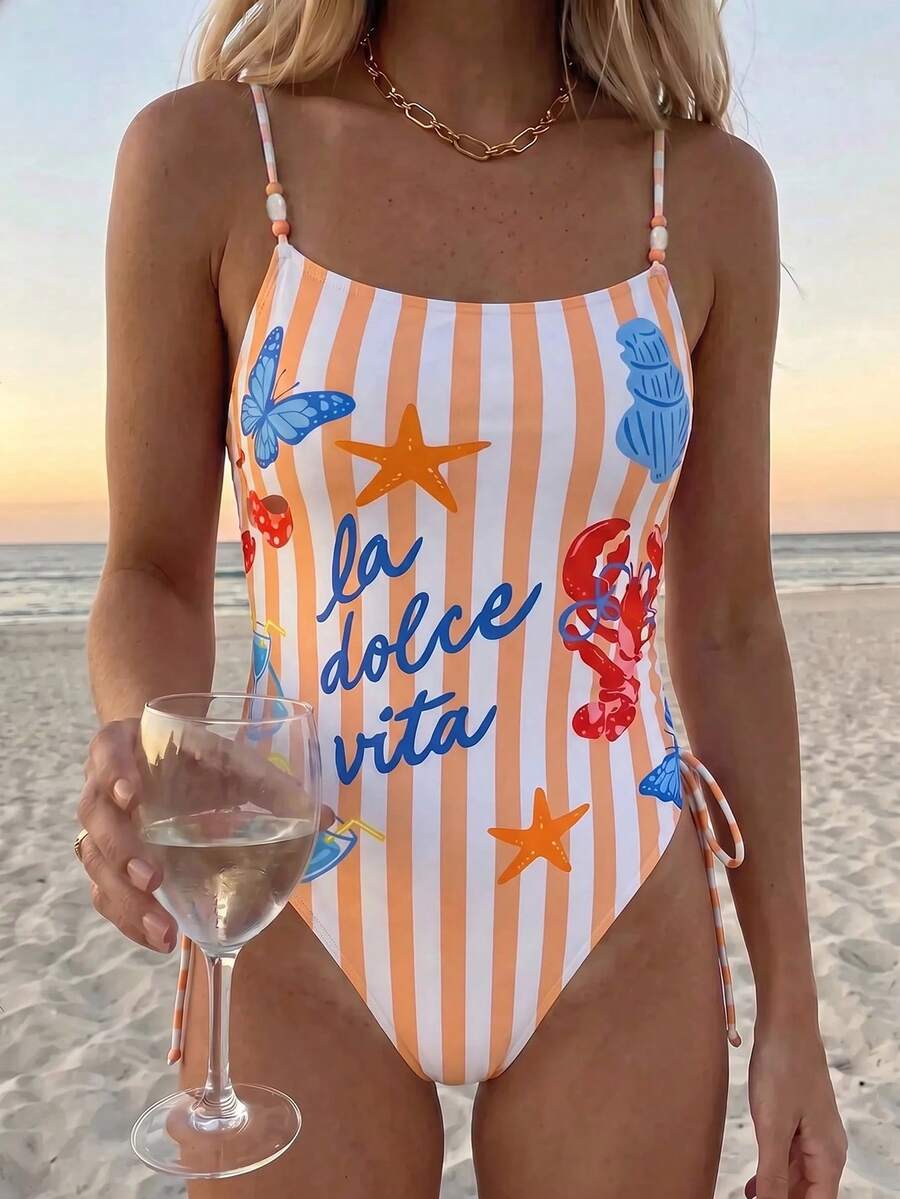 Women's blue backless one-piece swimsuit featuring spaghetti straps, wireless bra with removable padding, and drawstring details.