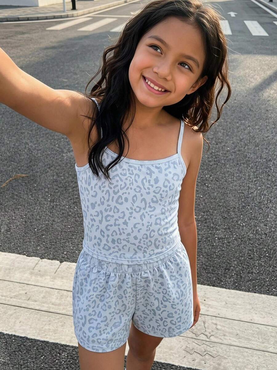 Tween girls summer 2-piece Hawaiian style outfit featuring a graphic print spaghetti strap camisole top with contrast piping and matching casual shorts.
