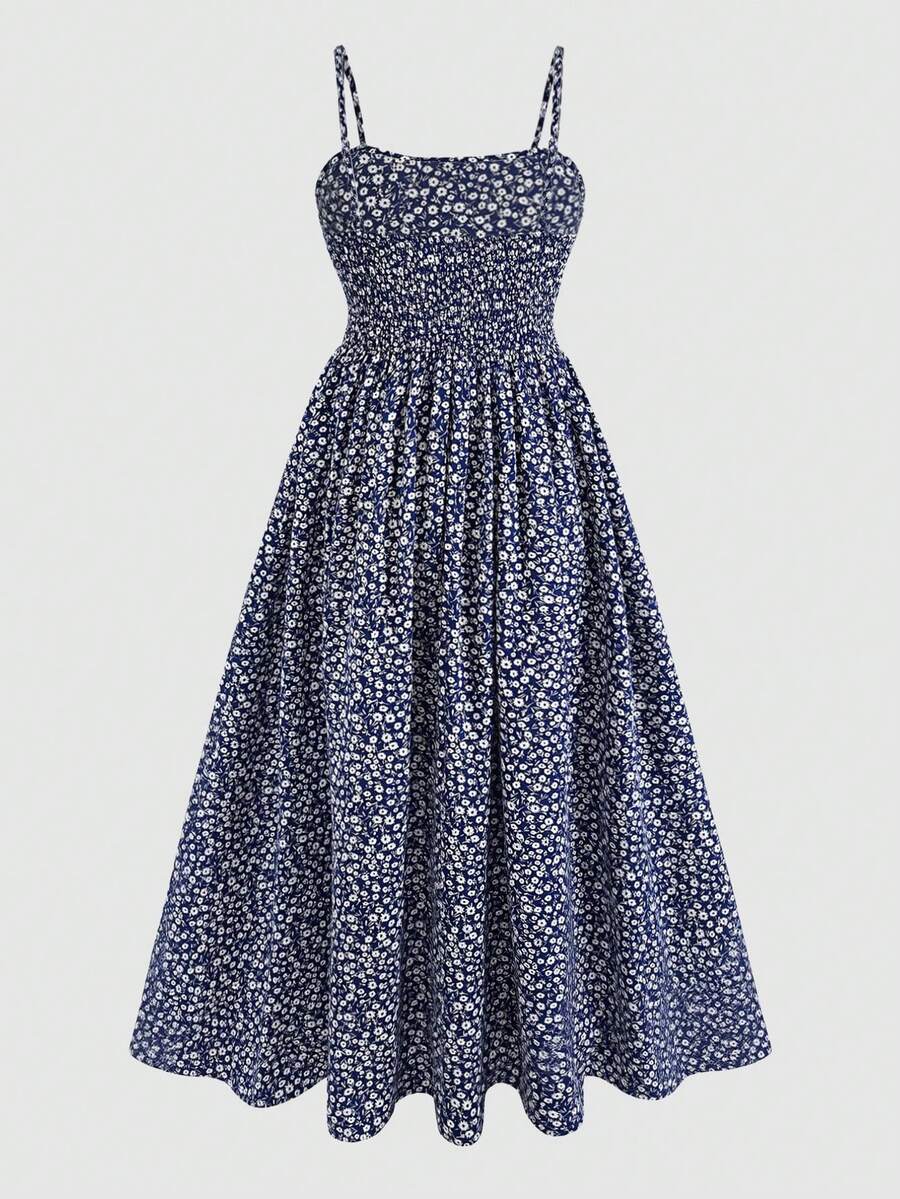 Tween girls apricot polka dot long cami dress with shoulder straps, high waist, and flared A-line skirt.
