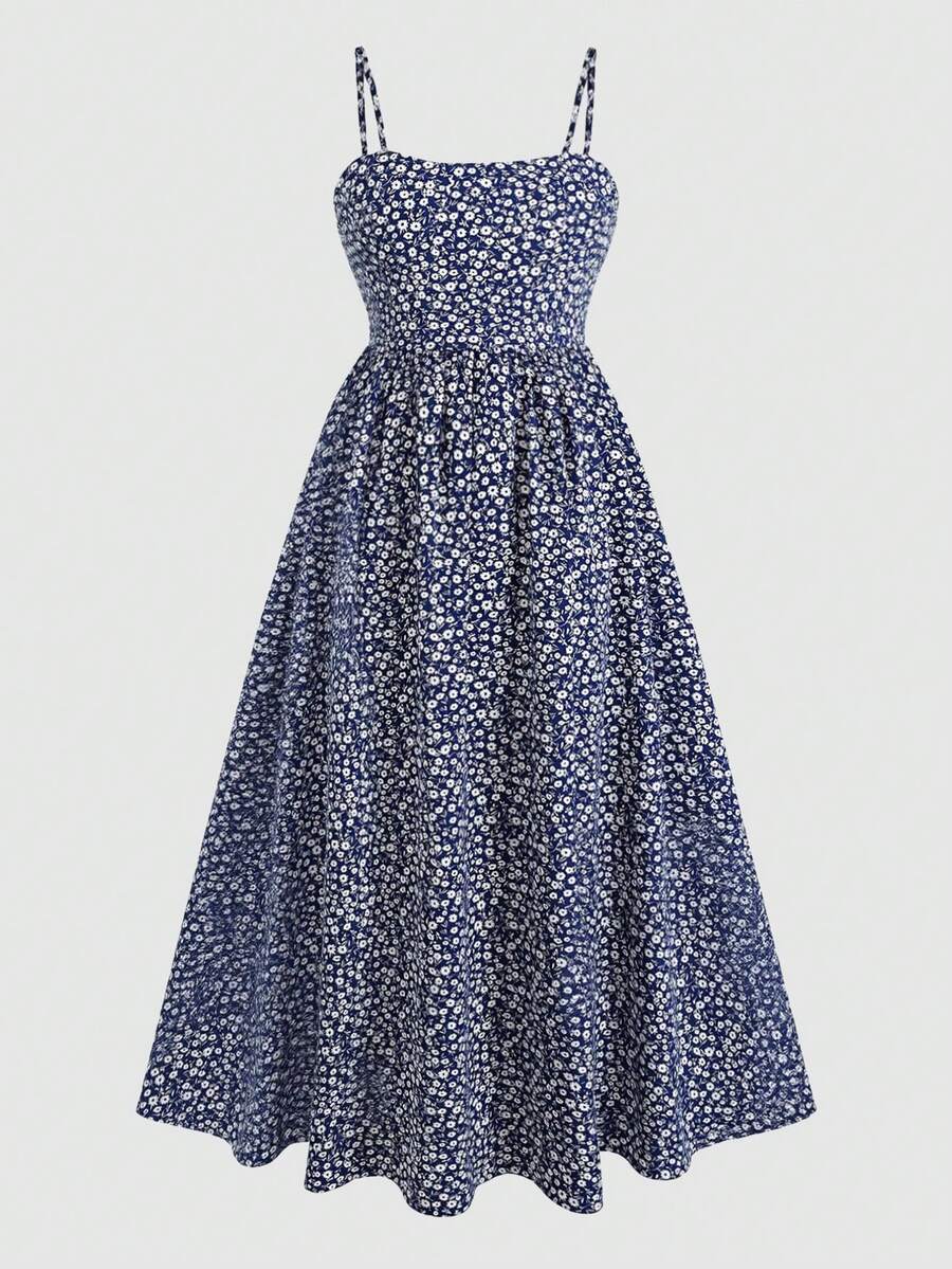 Tween girls apricot polka dot long cami dress with shoulder straps, high waist, and flared A-line skirt.