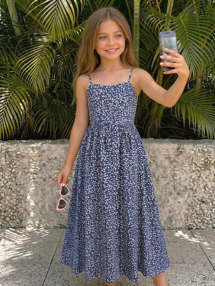 Tween girls apricot polka dot long cami dress with shoulder straps, high waist, and flared A-line skirt.