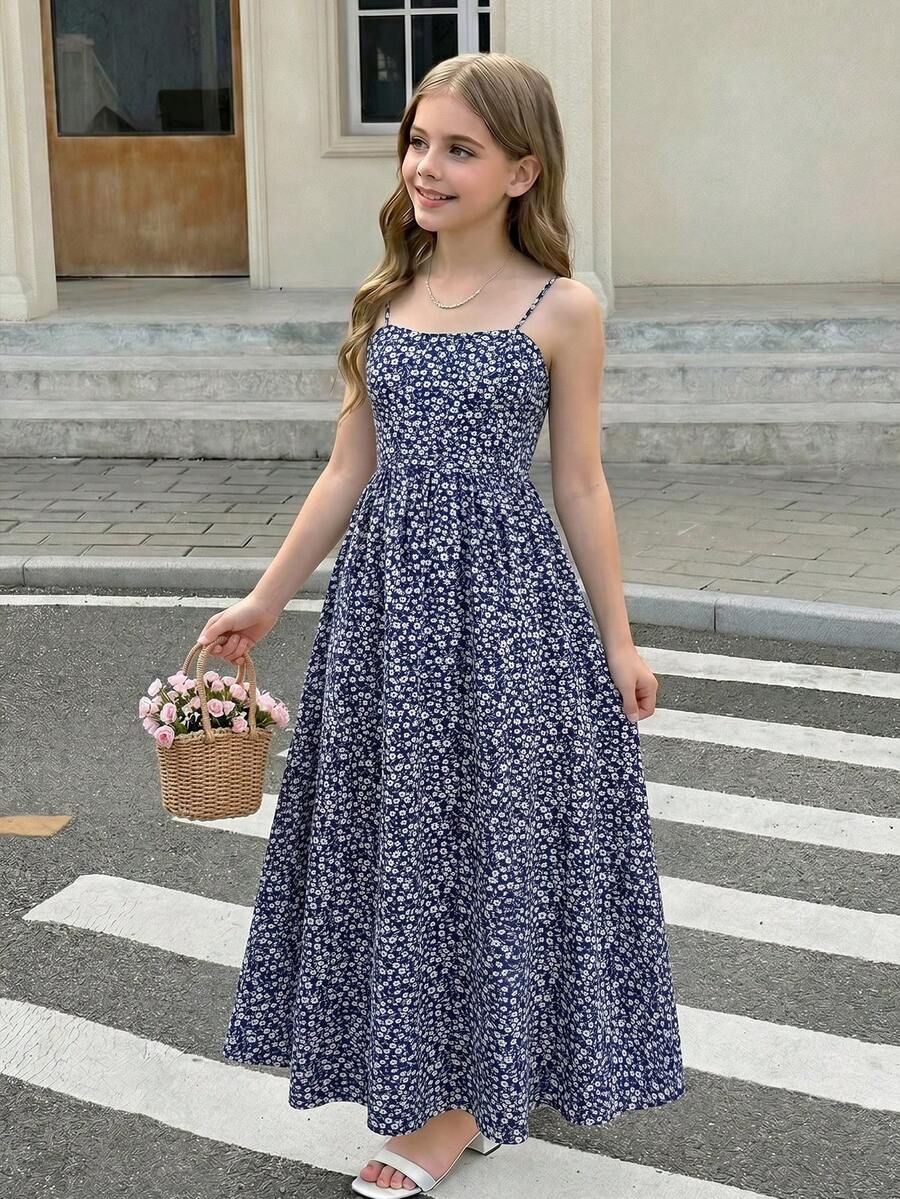 Tween girls apricot polka dot long cami dress with shoulder straps, high waist, and flared A-line skirt.