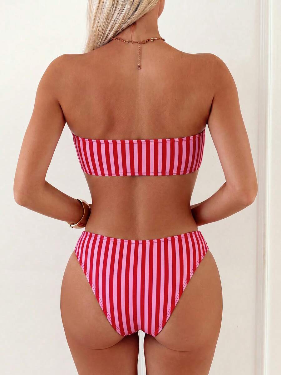 Multicolor 2-piece women's bandeau bikini swimsuit set featuring high-waist bottoms and a backless wireless top with textured striped pattern.