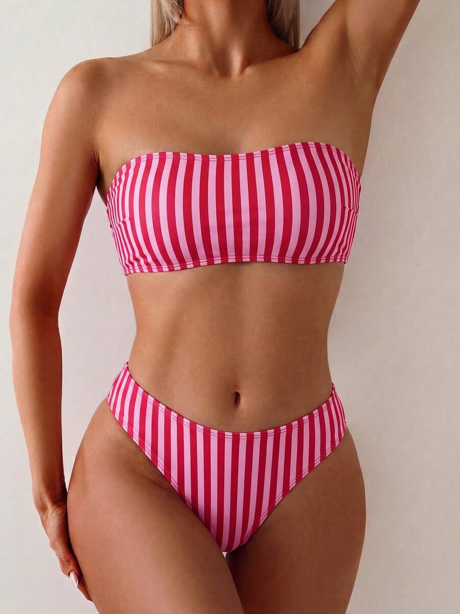 Multicolor 2-piece women's bandeau bikini swimsuit set featuring high-waist bottoms and a backless wireless top with textured striped pattern.