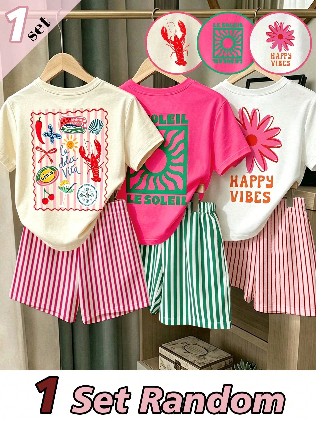 Girls' multicolor short sleeve T-shirt and shorts set featuring a cute cherry and bow print with round neck top and matching shorts.