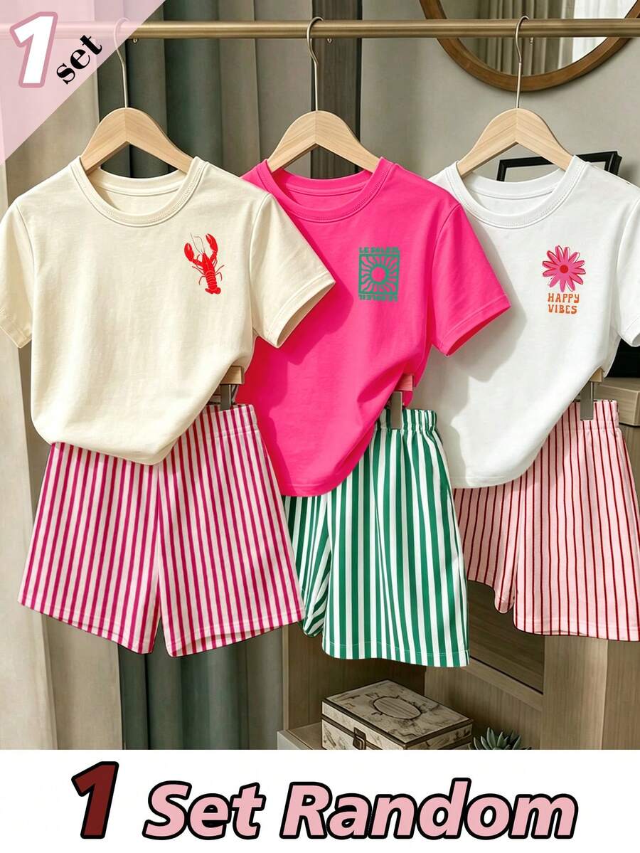 Girls' multicolor short sleeve T-shirt and shorts set featuring a cute cherry and bow print with round neck top and matching shorts.
