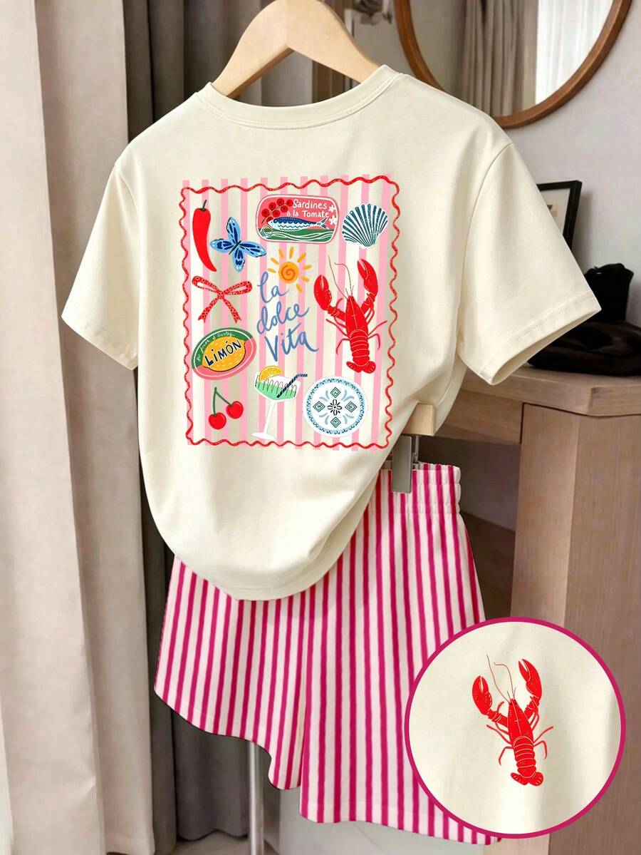 Girls' multicolor short sleeve T-shirt and shorts set featuring a cute cherry and bow print with round neck top and matching shorts.