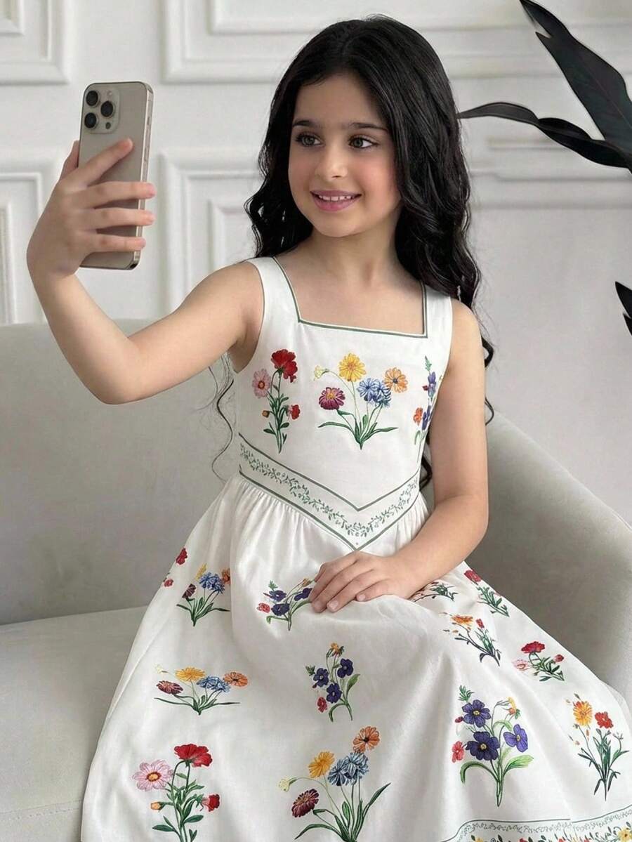 Tween girls pink floral sleeveless A-line midi dress featuring round neck, high waist with belt, contrast lace, and zipper back.