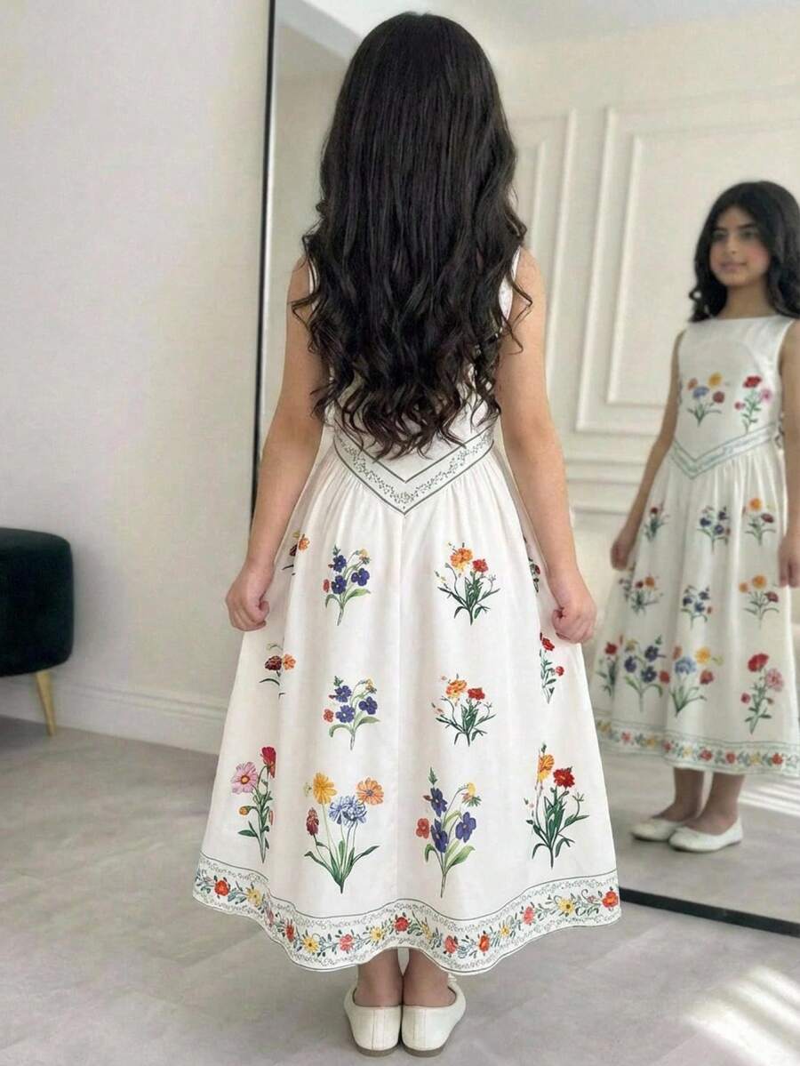Tween girls pink floral sleeveless A-line midi dress featuring round neck, high waist with belt, contrast lace, and zipper back.