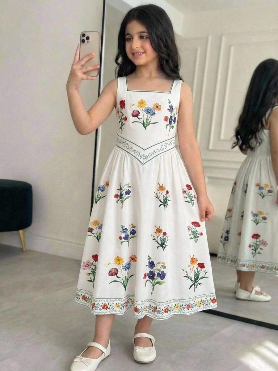 Tween girls pink floral sleeveless A-line midi dress featuring round neck, high waist with belt, contrast lace, and zipper back.