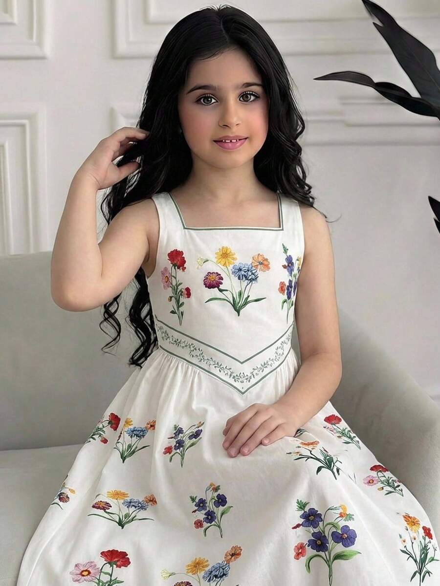 Tween girls pink floral sleeveless A-line midi dress featuring round neck, high waist with belt, contrast lace, and zipper back.