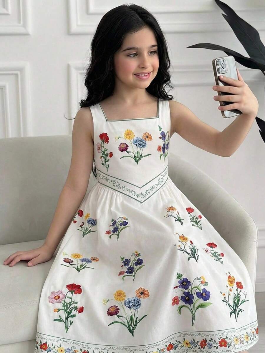 Tween girls pink floral sleeveless A-line midi dress featuring round neck, high waist with belt, contrast lace, and zipper back.