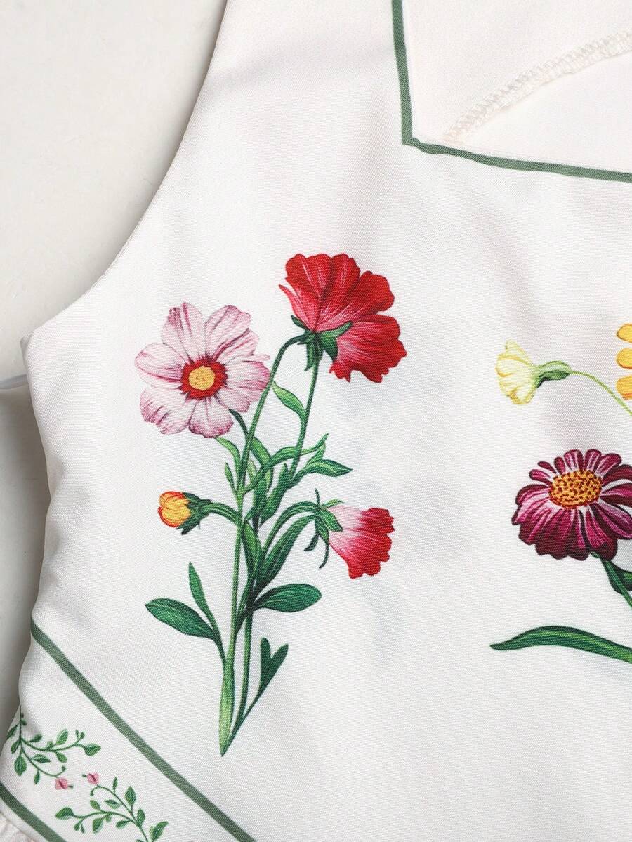 Tween girls pink floral sleeveless A-line midi dress featuring round neck, high waist with belt, contrast lace, and zipper back.