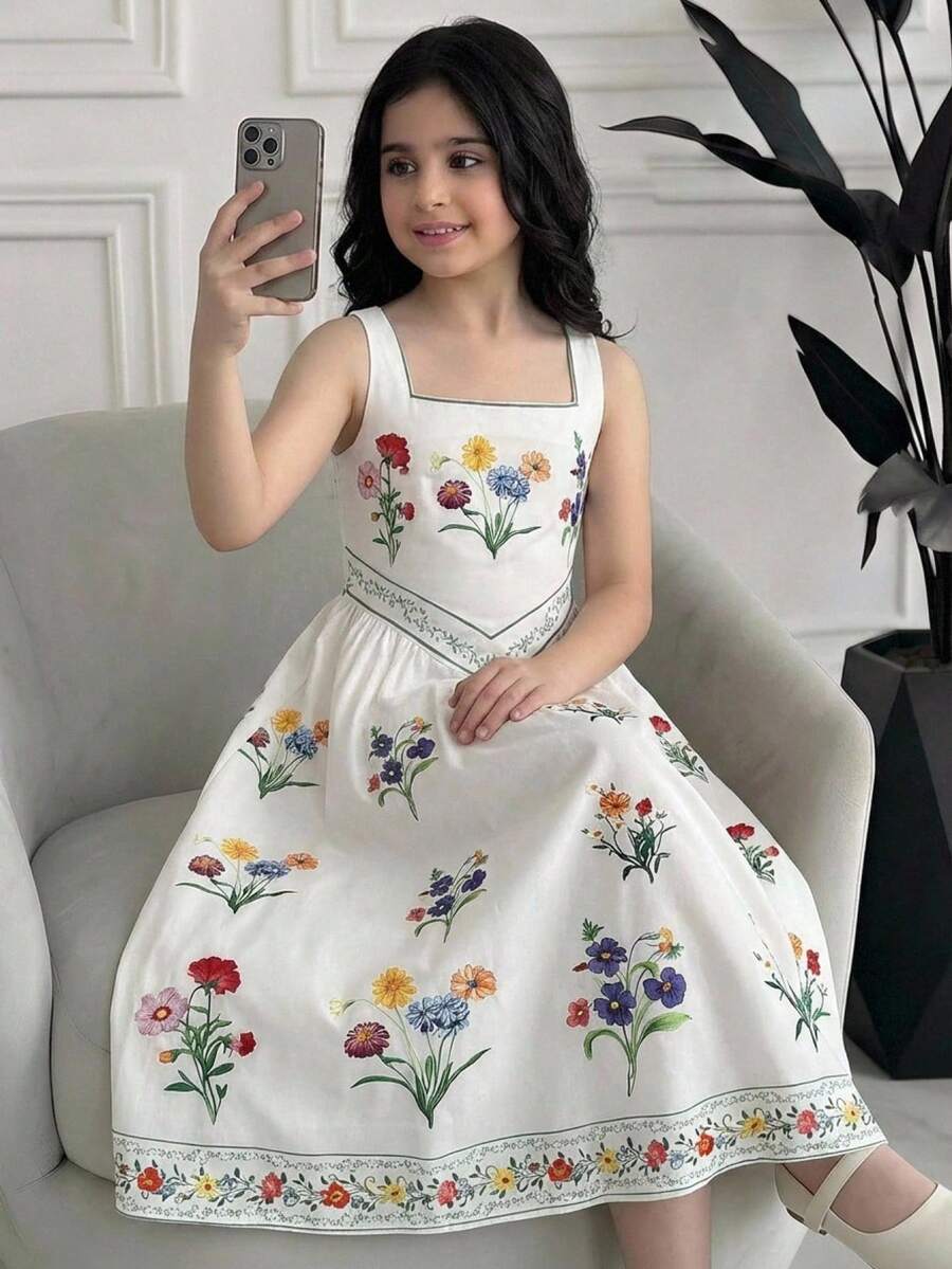 Tween girls pink floral sleeveless A-line midi dress featuring round neck, high waist with belt, contrast lace, and zipper back.