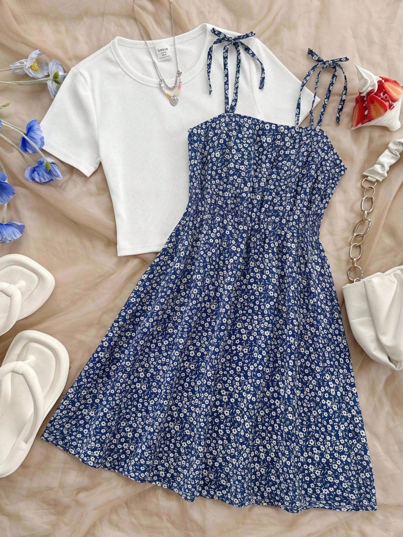 Tween girls' black and white ditsy floral plant print high waist flared camisole dress with a short sleeve t-shirt set.