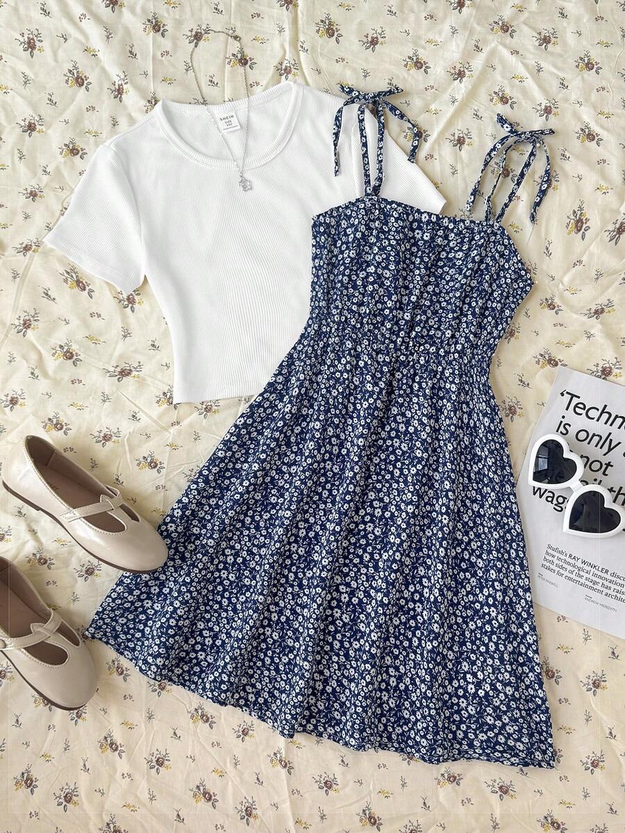 Tween girls' black and white ditsy floral plant print high waist flared camisole dress with a short sleeve t-shirt set.