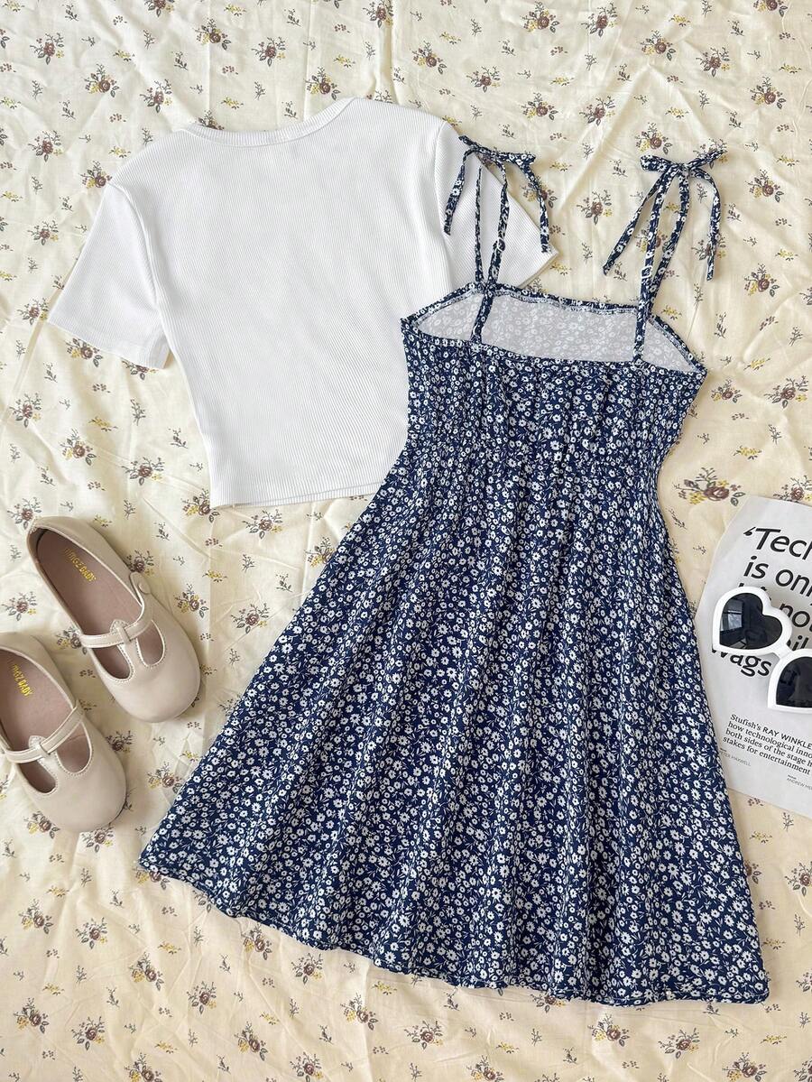 Tween girls' black and white ditsy floral plant print high waist flared camisole dress with a short sleeve t-shirt set.