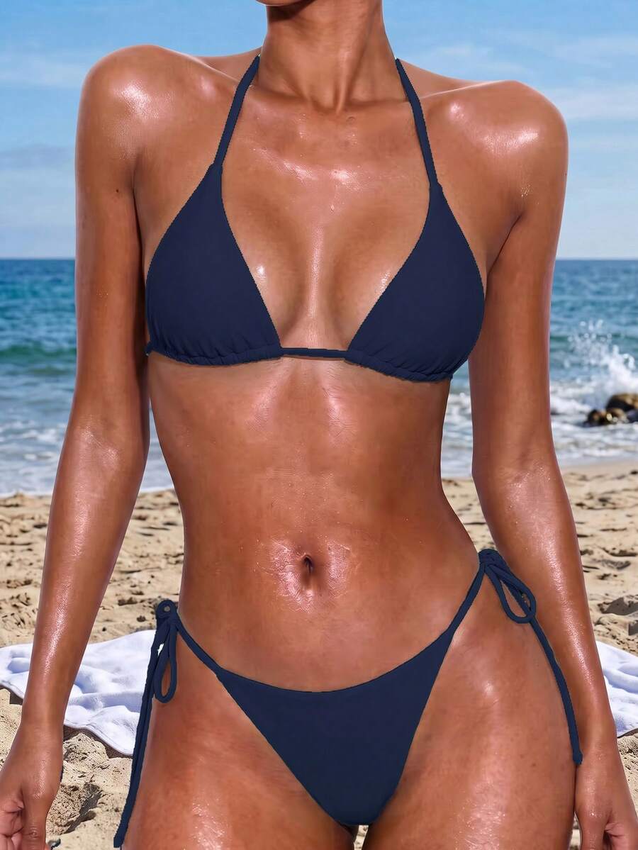 Apricot plain halter triangle bikini swimwear set with tie back top and low waist tie side thong bottom for women