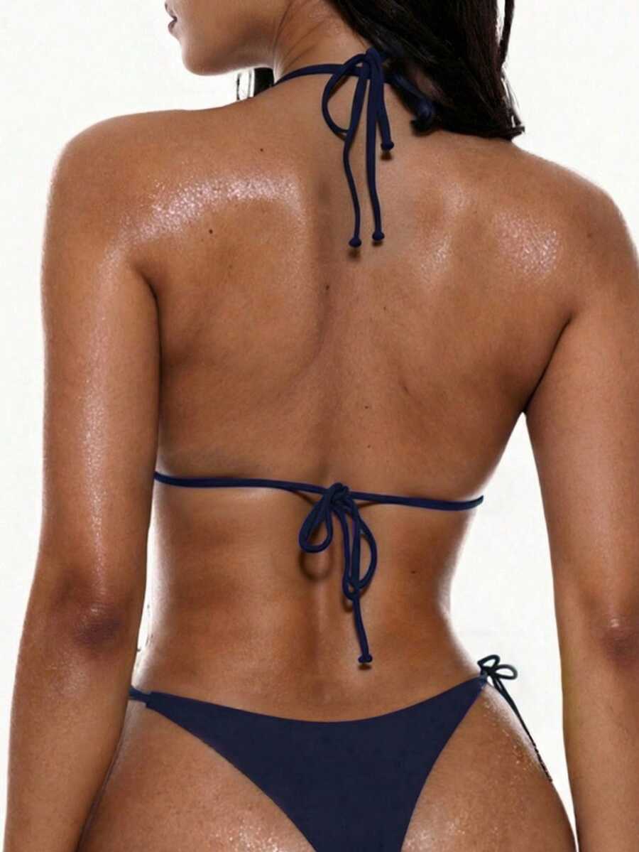 Apricot plain halter triangle bikini swimwear set with tie back top and low waist tie side thong bottom for women