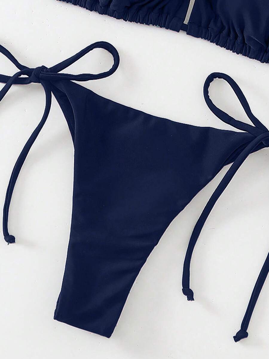 Apricot plain halter triangle bikini swimwear set with tie back top and low waist tie side thong bottom for women