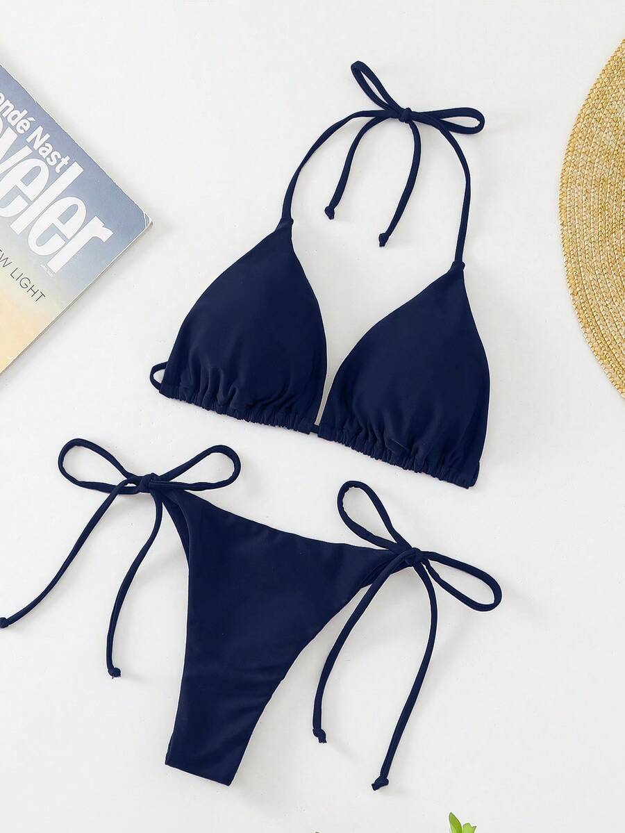 Apricot plain halter triangle bikini swimwear set with tie back top and low waist tie side thong bottom for women