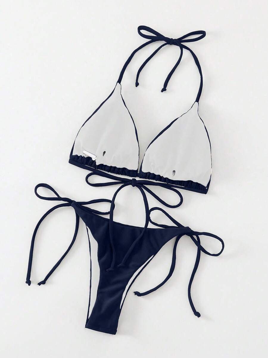 Apricot plain halter triangle bikini swimwear set with tie back top and low waist tie side thong bottom for women