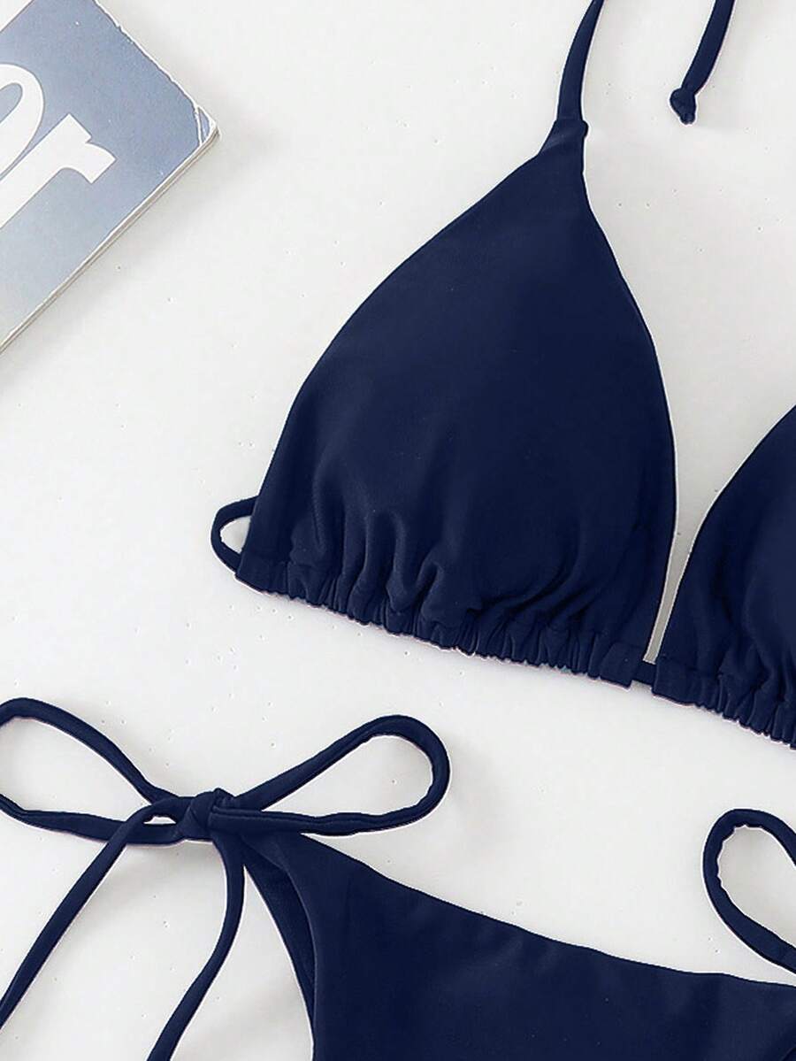 Apricot plain halter triangle bikini swimwear set with tie back top and low waist tie side thong bottom for women