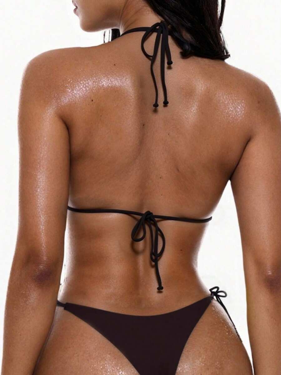 Apricot plain halter triangle bikini swimwear set with tie back top and low waist tie side thong bottom for women