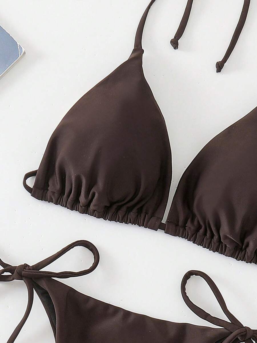 Apricot plain halter triangle bikini swimwear set with tie back top and low waist tie side thong bottom for women