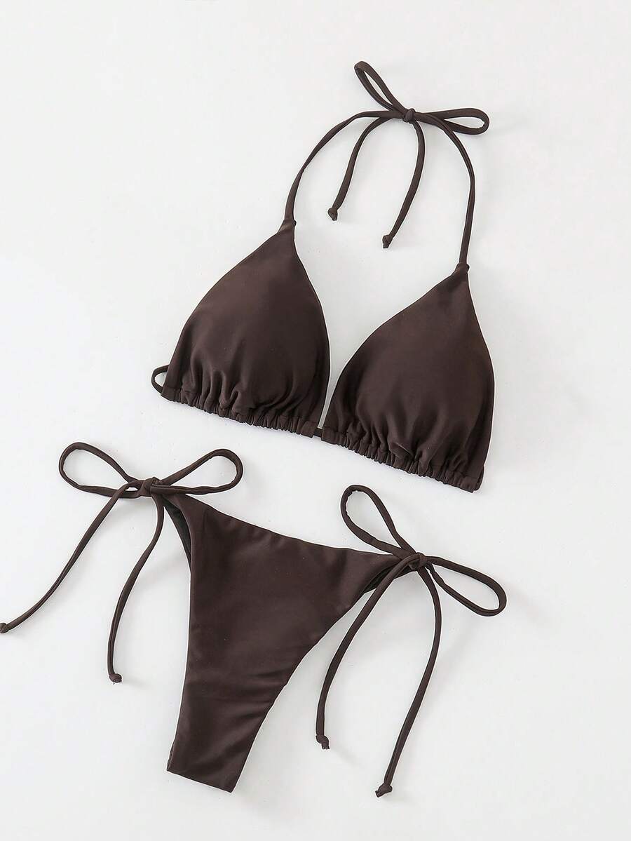 Apricot plain halter triangle bikini swimwear set with tie back top and low waist tie side thong bottom for women
