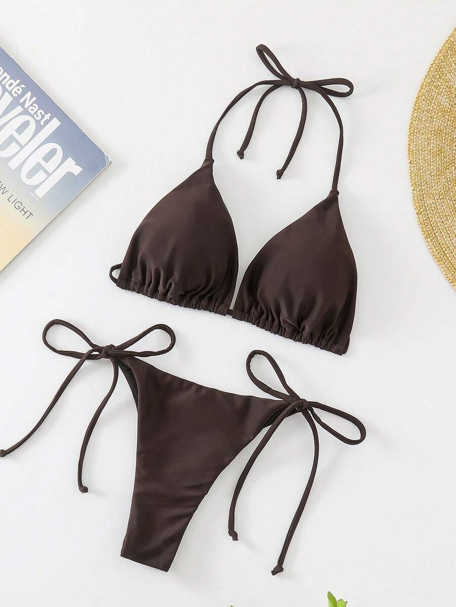 Apricot plain halter triangle bikini swimwear set with tie back top and low waist tie side thong bottom for women