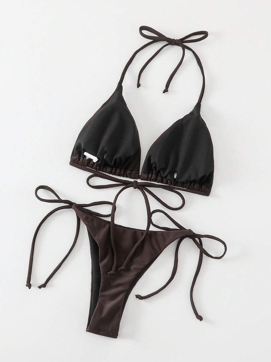 Apricot plain halter triangle bikini swimwear set with tie back top and low waist tie side thong bottom for women