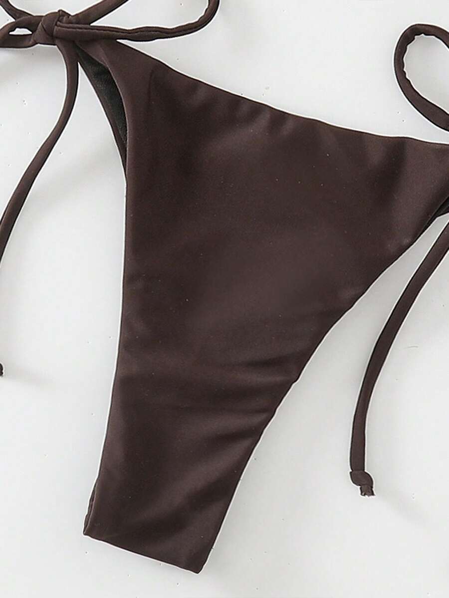 Apricot plain halter triangle bikini swimwear set with tie back top and low waist tie side thong bottom for women